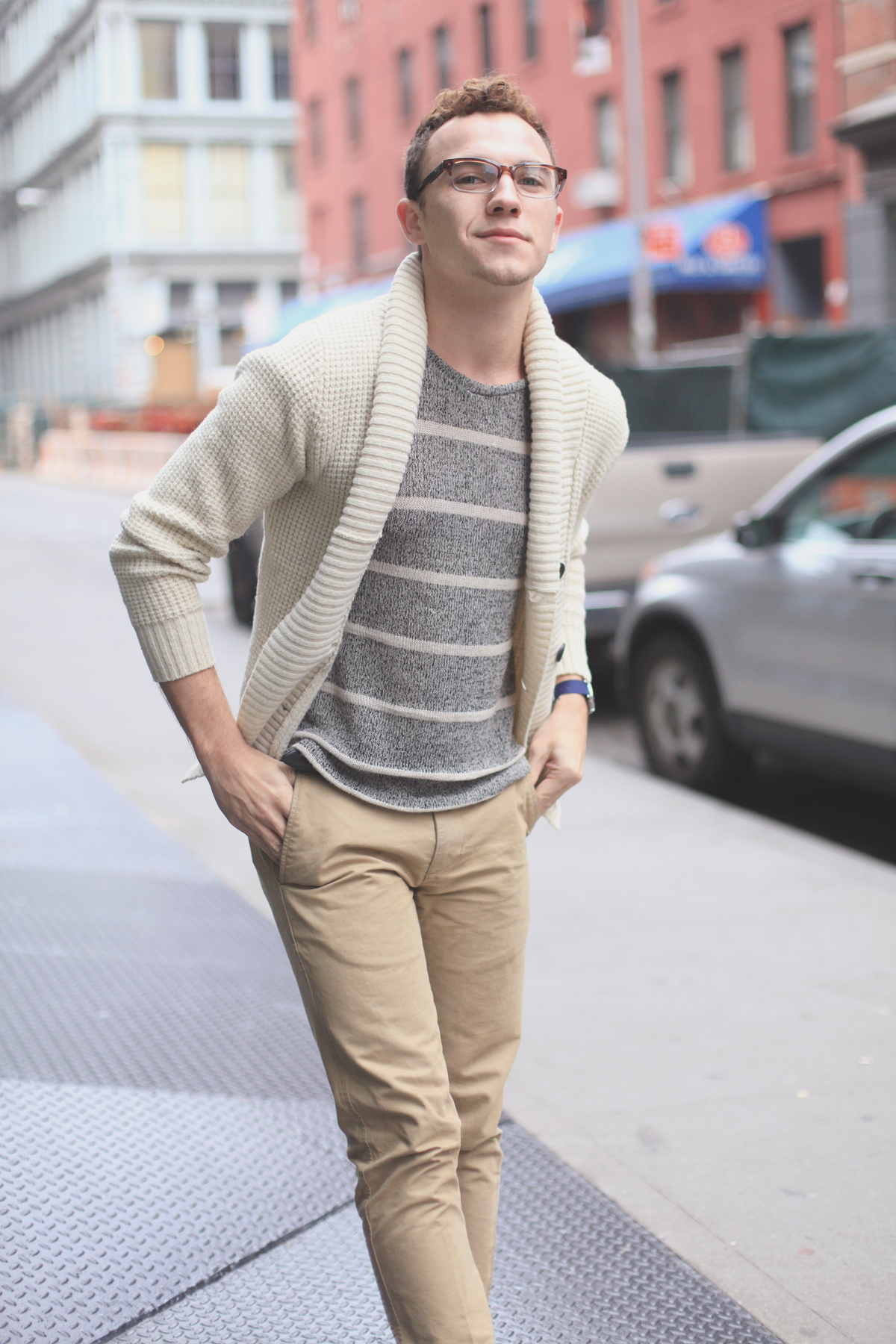New York City Men's Fashion Blog / LAEX Striped Tee, Khaki Chinos / Ombre Glasses / Cream Sweater