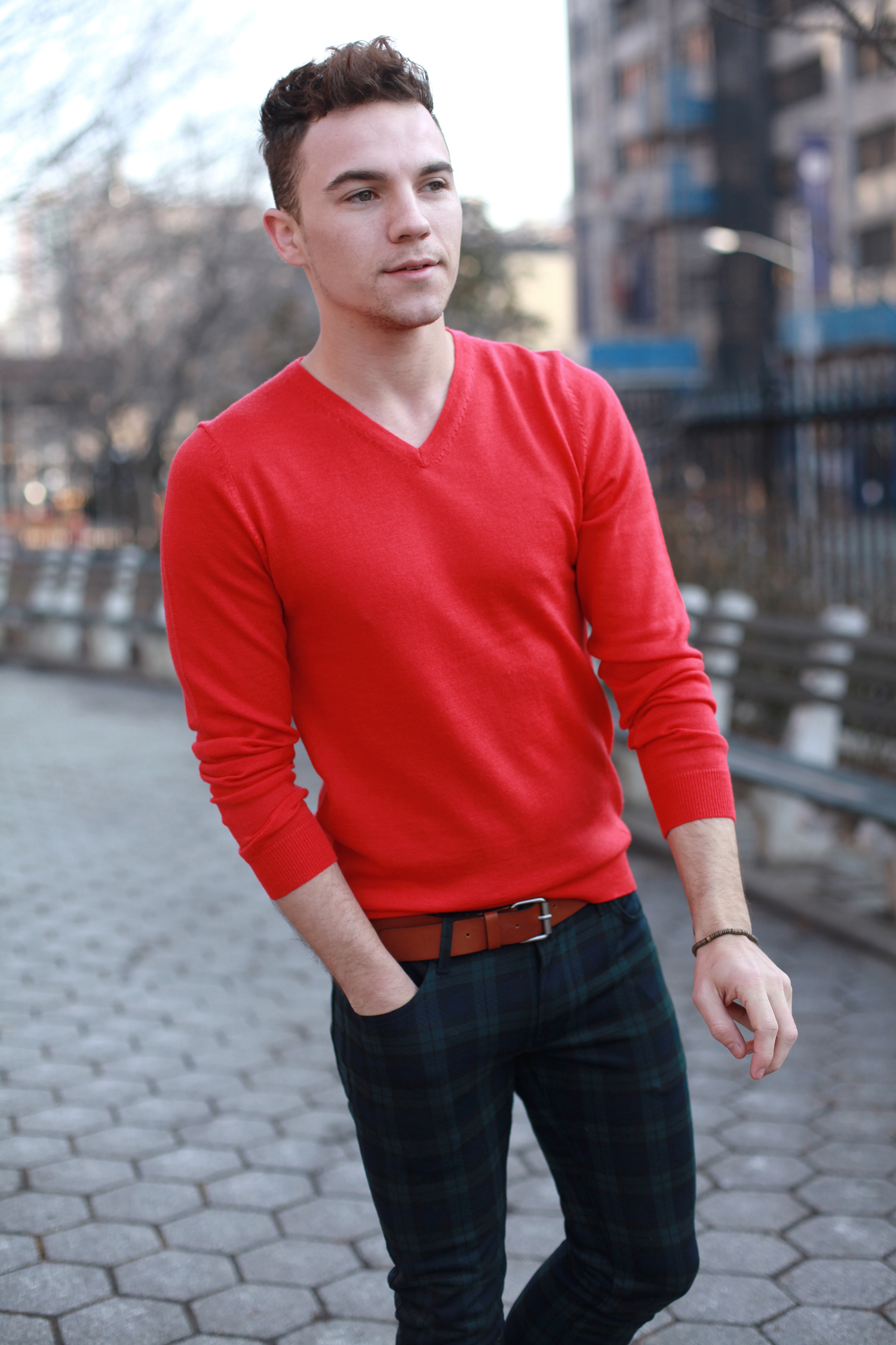 New York Men's Fashion Blogger Justin Livingston - Scout Sixteen / Red Sweater, Plaid Trousers