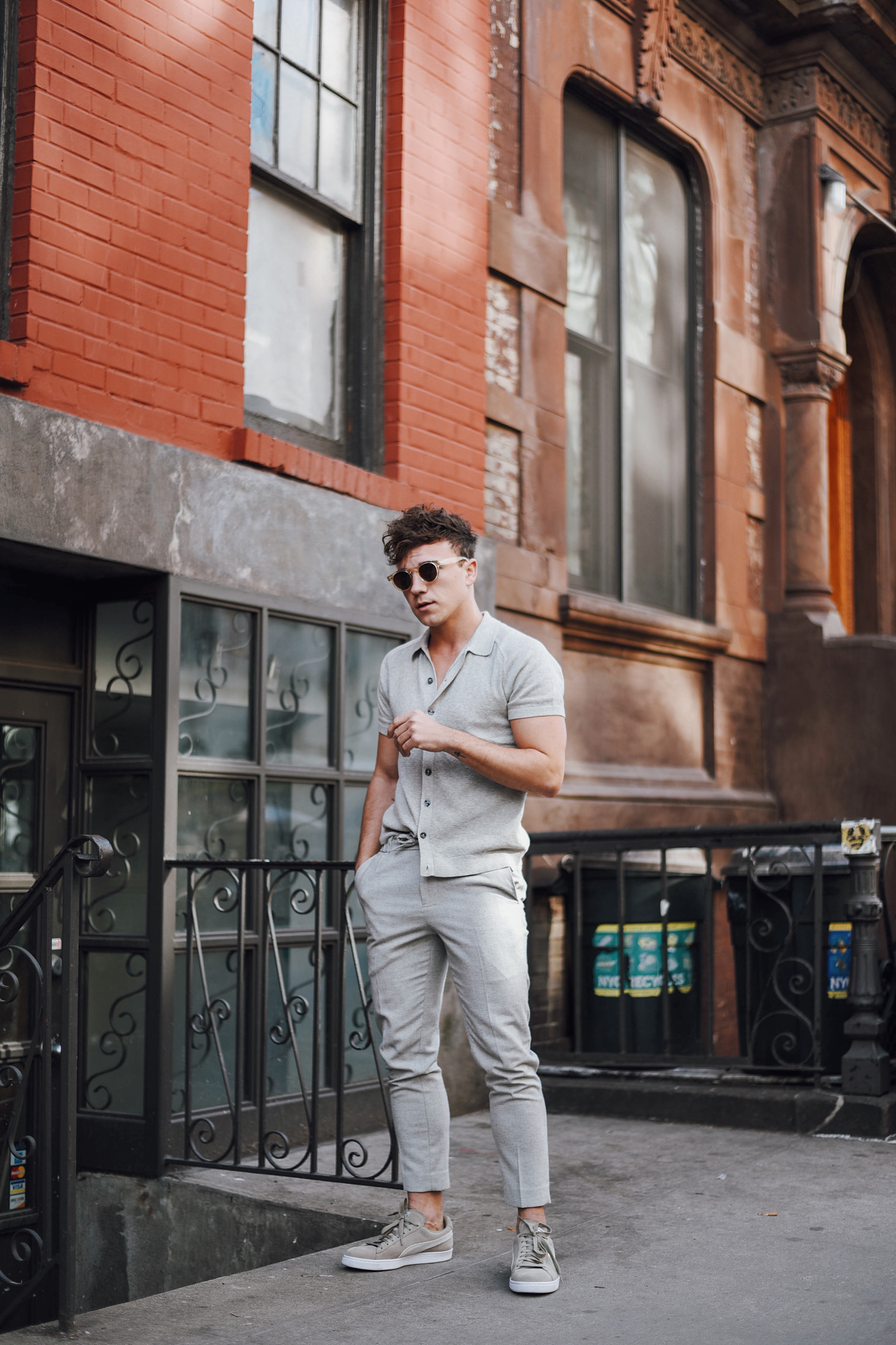 New York Men's Fashion Blogger Justin Livingston wears Abercrombie Button-Up Sweater Polo and Topman Cropped Trousers and PUMA Suede Classic