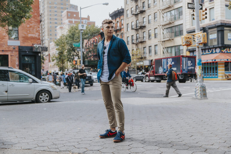 Men's Fashion and Lifestyle Blogger Justin Livingston wears Gola Classic Men's Harrier C83 Sneaker in New York City