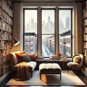 Scout Sixteen - by Justin Livingston. Cozy Modern NYC Apartment Library (created by AI)