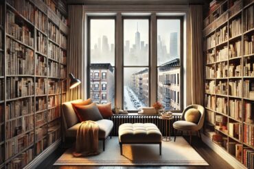 Scout Sixteen - by Justin Livingston. Cozy Modern NYC Apartment Library (created by AI)