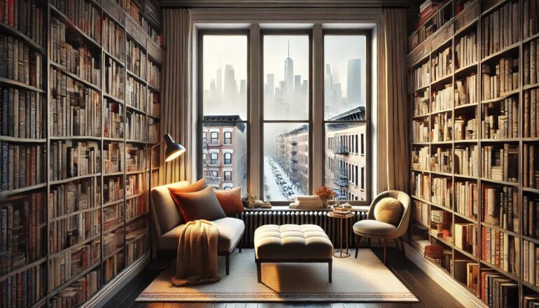 Scout Sixteen - by Justin Livingston. Cozy Modern NYC Apartment Library (created by AI)