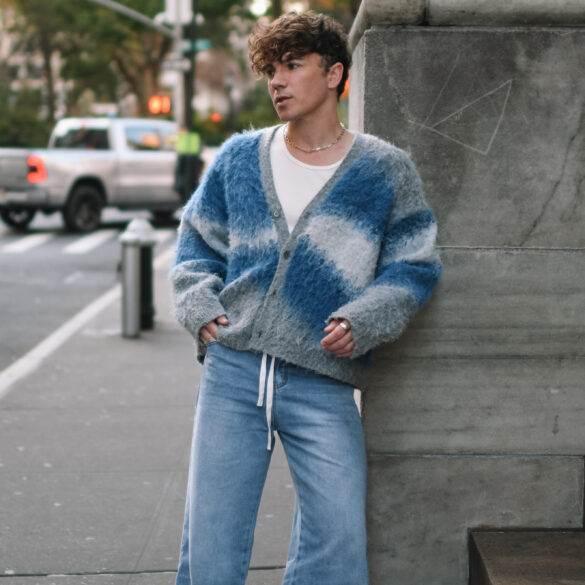 Scout Sixteen - Justin Livingston. Zara Blue Graphic Sweater. Amazon Fashion Blue Jeans. Atoms White Sneakers.