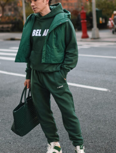 Scout Sixteen - Justin Livingston. NYC Style. Green Sweat Set. California Incline Bel Air Set. Kelly Green Outfit.