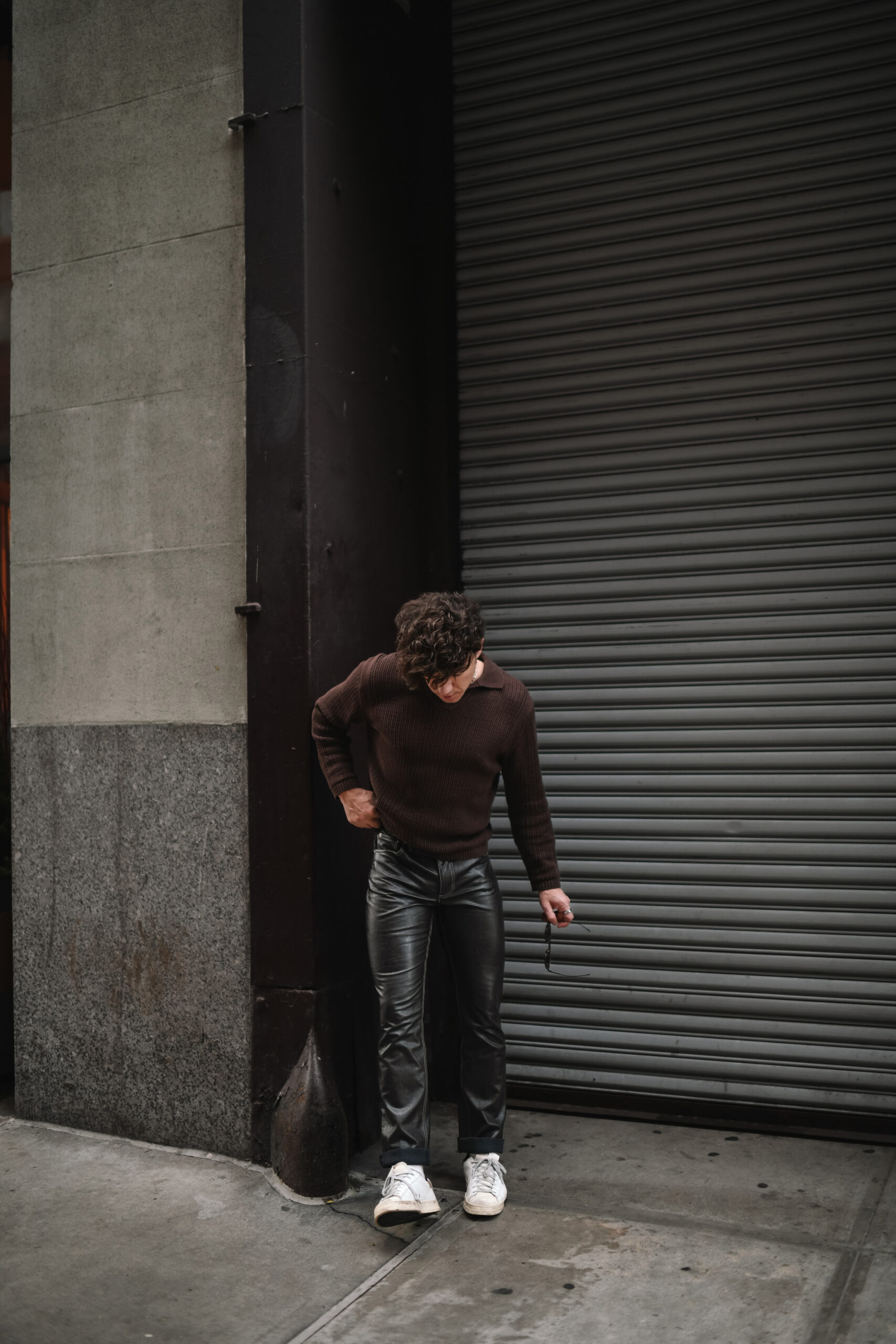 Scout Sixteen - Justin Livingston. wearing a monochromatic brown outfit. Men's Brown Leather pants. NYC.