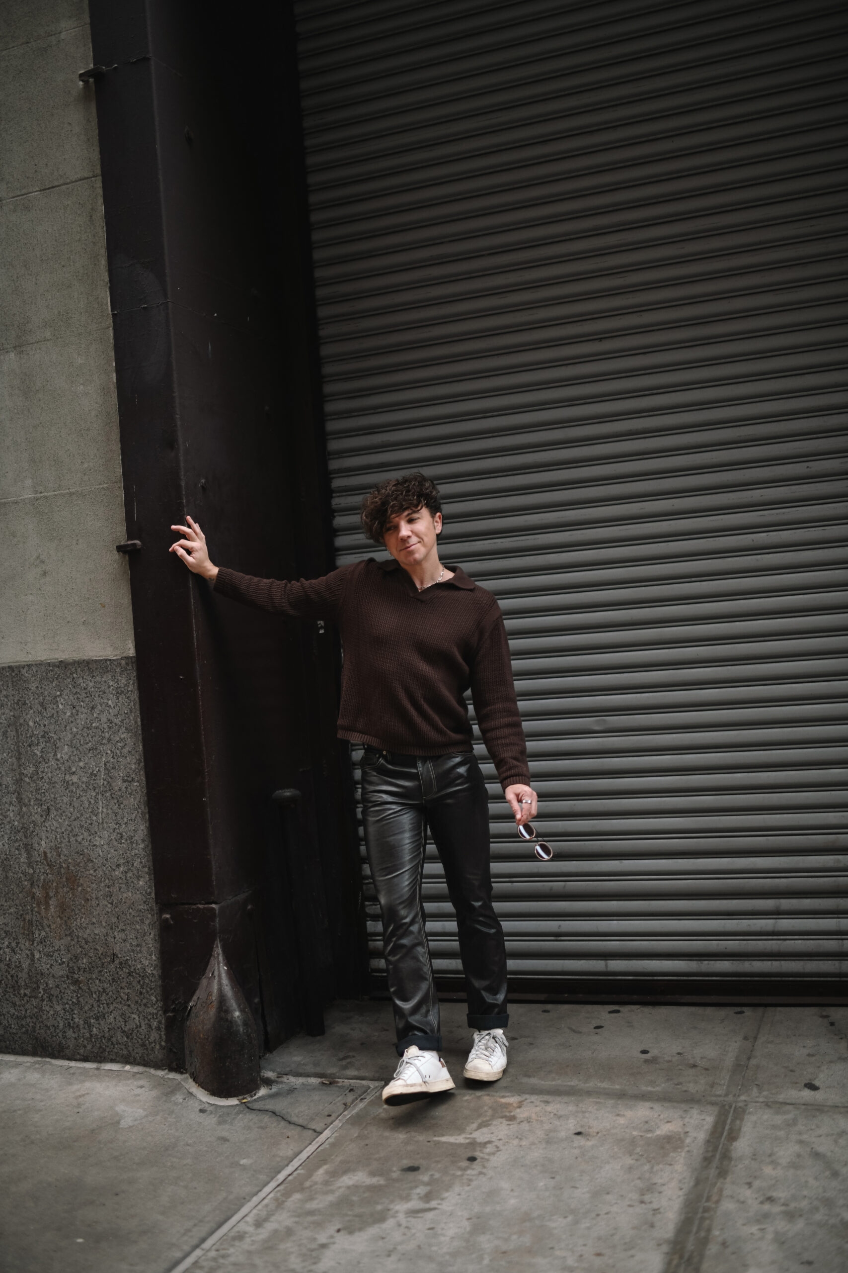 Scout Sixteen - Justin Livingston. wearing a monochromatic brown outfit. Men's Brown Leather pants. NYC.