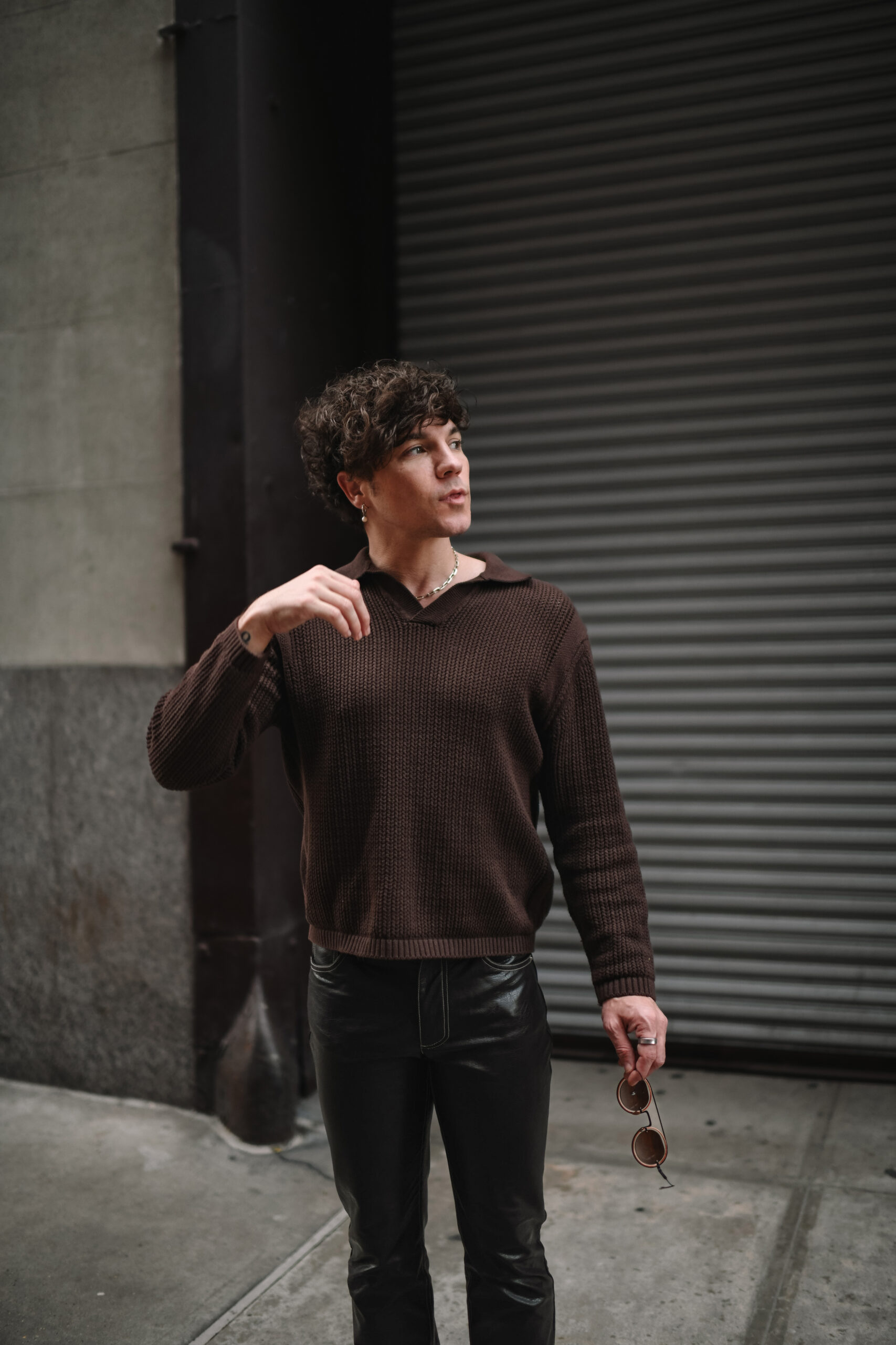 Scout Sixteen - Justin Livingston. wearing a monochromatic brown outfit. Men's Brown Leather pants. NYC.