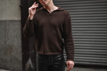 Scout Sixteen - Justin Livingston. wearing a monochromatic brown outfit. Men's Brown Leather pants. NYC.