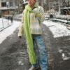 Scout Sixteen - Justin Livingston. Men's Winter Style. Cargo Denmi with Pastel Spring Coat and Lime Green Scarf. NYC.