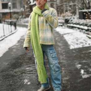 Scout Sixteen - Justin Livingston. Men's Winter Style. Cargo Denmi with Pastel Spring Coat and Lime Green Scarf. NYC.