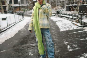 Scout Sixteen - Justin Livingston. Men's Winter Style. Cargo Denmi with Pastel Spring Coat and Lime Green Scarf. NYC.