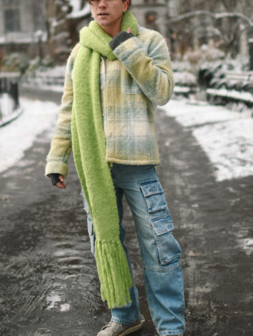 Scout Sixteen - Justin Livingston. Men's Winter Style. Cargo Denmi with Pastel Spring Coat and Lime Green Scarf. NYC.