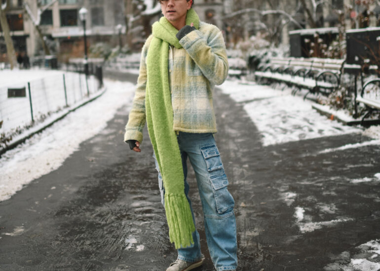 Scout Sixteen - Justin Livingston. Men's Winter Style. Cargo Denmi with Pastel Spring Coat and Lime Green Scarf. NYC.