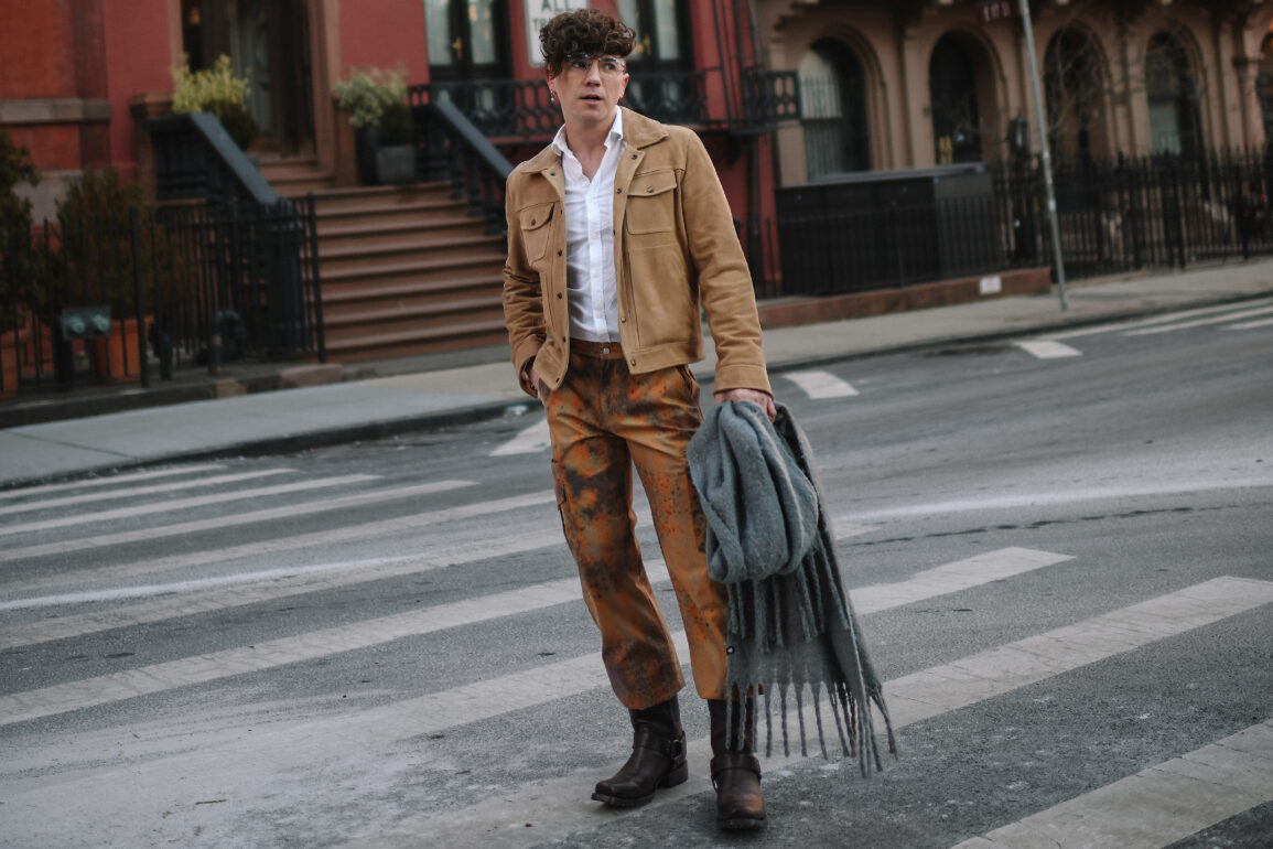 Scout Sixteen - Justin Livingston wears camouflage cargo pants with a men's camel suede jacket from Banana Republic and brown Stetson Heritage Harness Western Boots. NYC Men's Winter Style.