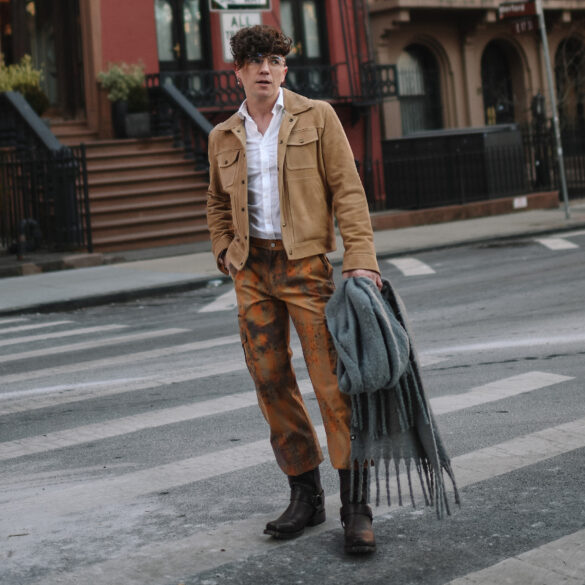 Scout Sixteen - Justin Livingston wears camouflage cargo pants with a men's camel suede jacket from Banana Republic and brown Stetson Heritage Harness Western Boots. NYC Men's Winter Style.