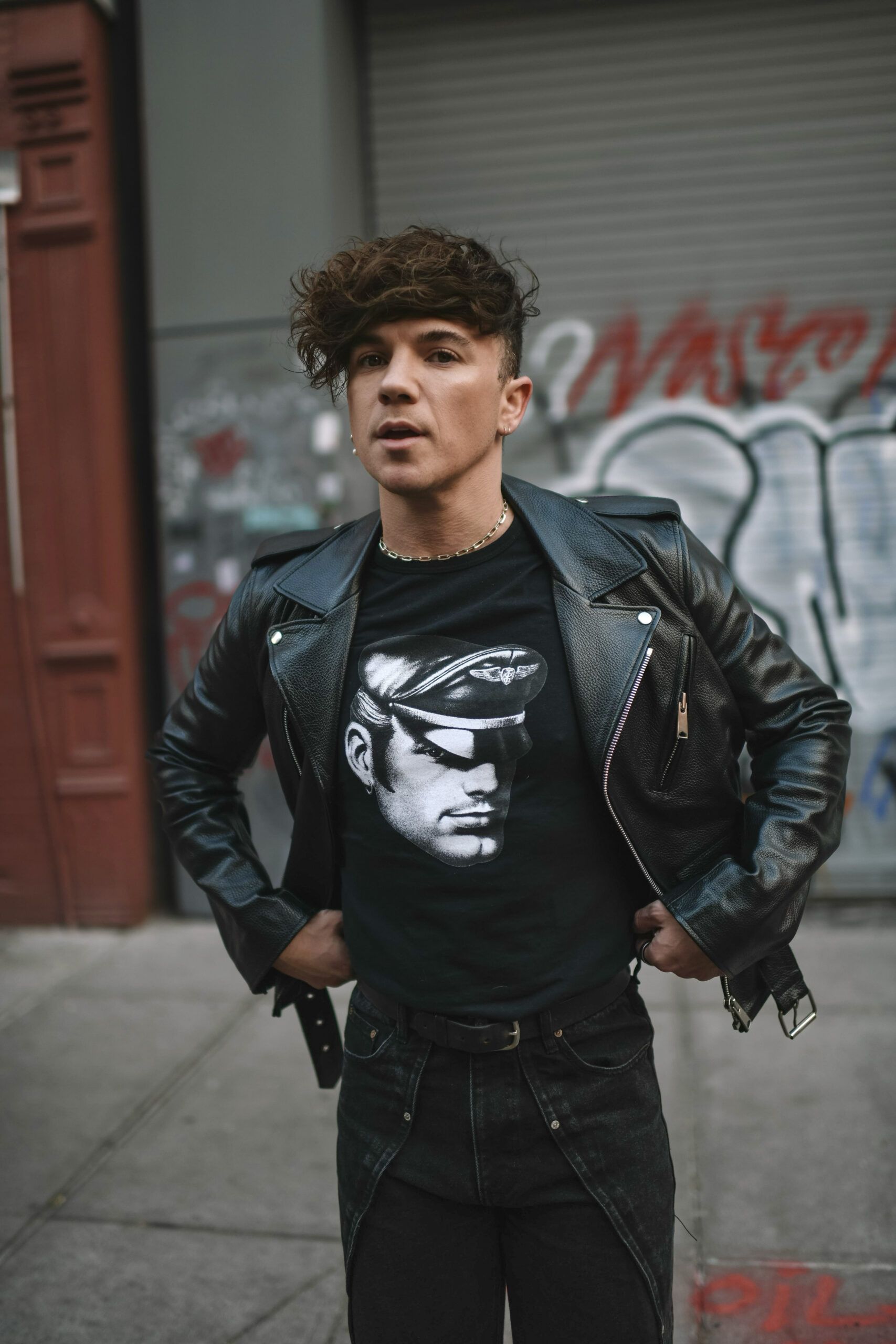 Scout Sixteen - Justin Livingston. Men's Black Leather Biker Jacket. Hiro Clark Tom of Finland T-Shirt. Vintage Black Biker Boots. NYC East Village Style.