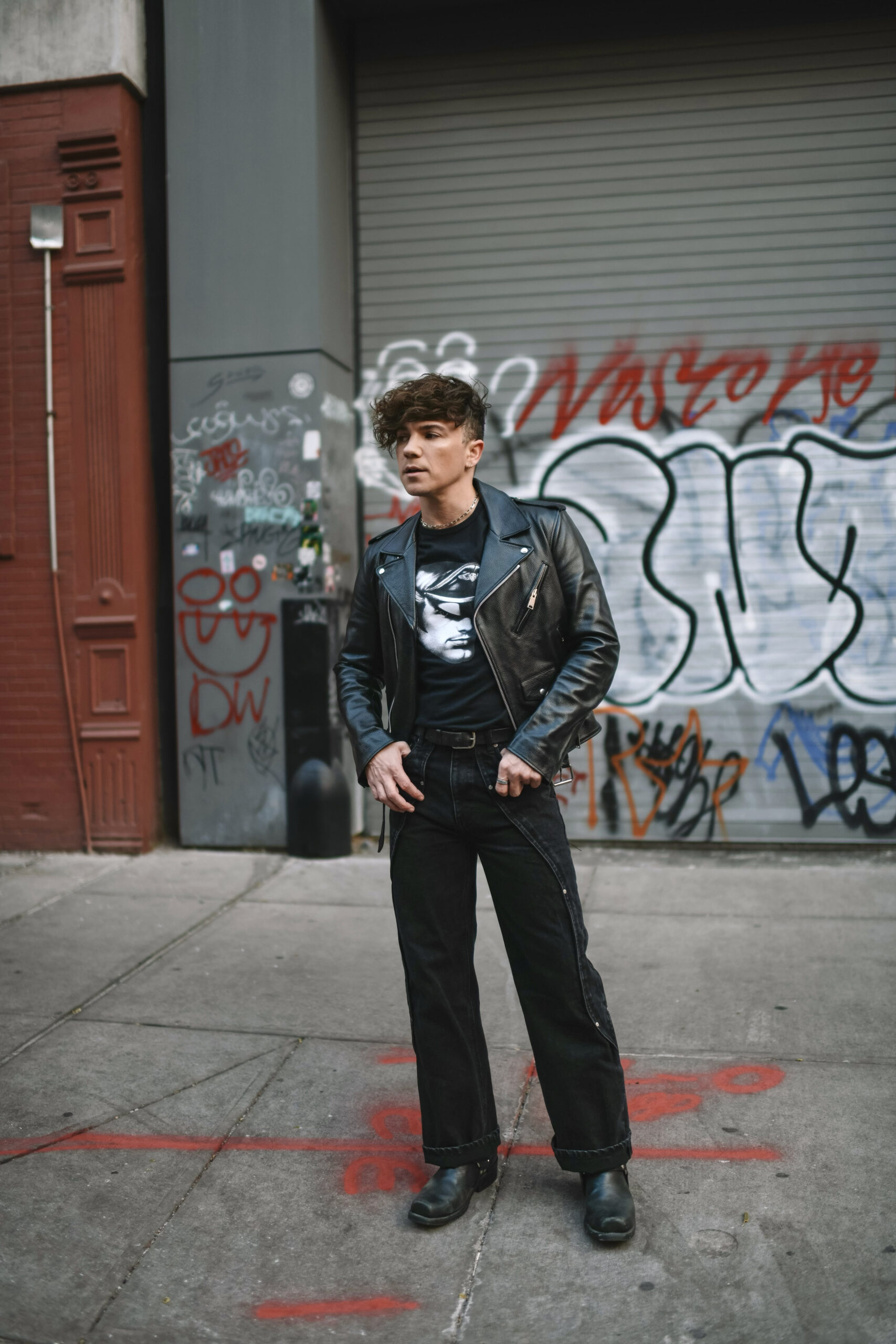 Scout Sixteen - Justin Livingston. Men's Black Leather Biker Jacket. Hiro Clark Tom of Finland T-Shirt. Vintage Black Biker Boots. NYC East Village Style.